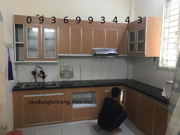 thi công tủ bếp nhôm cánh Laminate chữ L thi công tủ bếp nhôm cánh Laminate chữ L